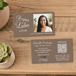Mocha Brown Script Photo QR Code Brows and Lashes 名刺
