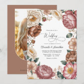 Mocha, Cream & Dusty Rose Floral Wedding QR Code 招待状 (正面/裏面)