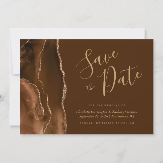 Mocha Gold Agate Brown Save the Date Card 招待状 (正面)