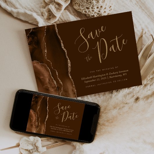 Mocha Gold Agate Brown Save the Date Card 招待状