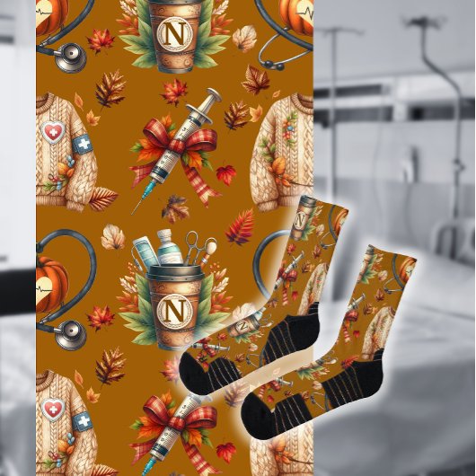 Mocha Monogram Nurse Autumn Essentials Crew Socks ソックス