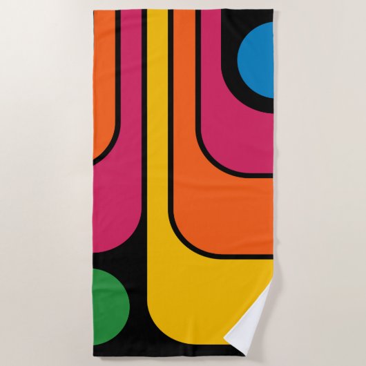 Mod 1970s Retro Style Geometric Design ビーチタオル (正面)