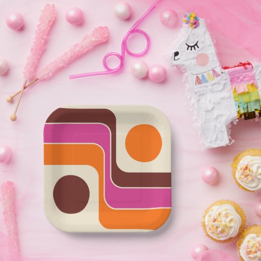 Mod 1970s Retro Style Geometric Design ペーパープレート (パーティー)
