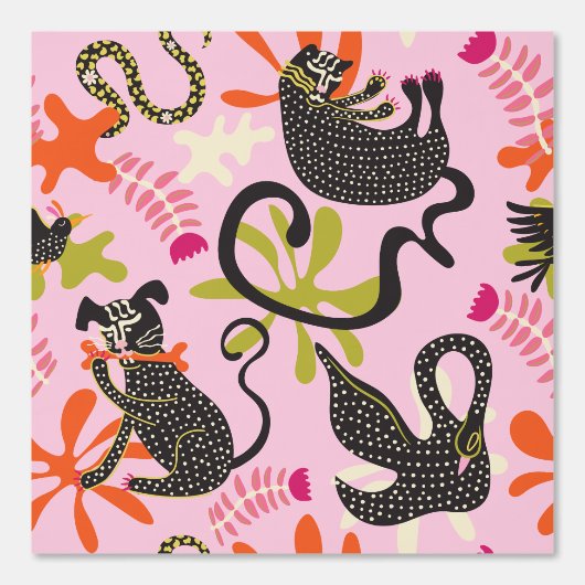 Mod Abstract Primitive Cats & Dogs Pattern pink 壁紙 (正面)