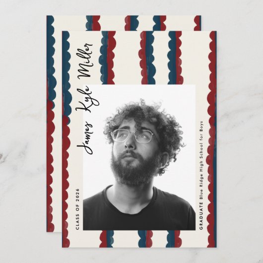 Mod Blue Deep Red Photo Class of 2026 Graduation 案内状 (正面/裏面)