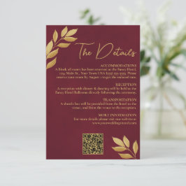 Mod Leaves Burgundy Gold Wedding Details QR Code エンクロージャーカード