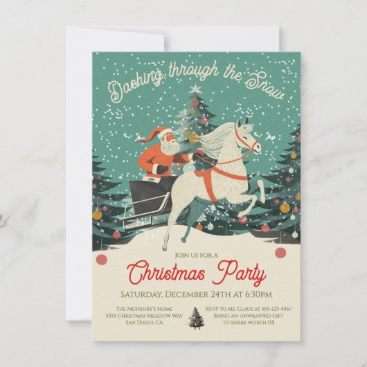 Mod Retro Santa's Sleigh ride Christmas Party 招待状 (正面)