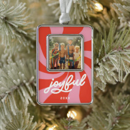 Mod Wavy Retro Groovy Holiday Red Pink シルバープレートフレームオーナメント