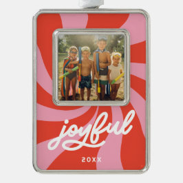 Mod Wavy Retro Groovy Holiday Red Pink シルバープレートフレームオーナメント