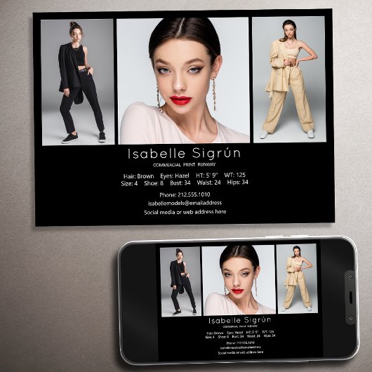 Model Actor 3 Photo Compカードテンプレート5 x 7ブラック 招待状