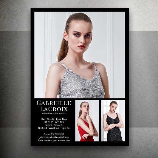 Model Actor 3 Photo Compカードテンプレート5 x 7ブラック 招待状