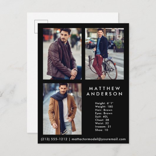 Model Actor 3 Photo Comp Card Black – はがき (正面/裏面)