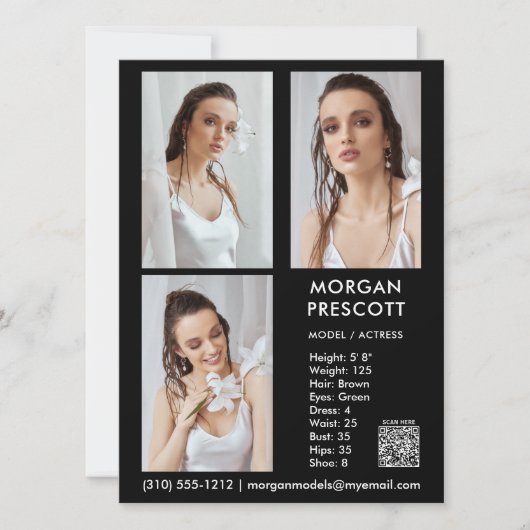 Model Actor 3 Photo Pro Comp Card Your QR Code 招待状 (正面)