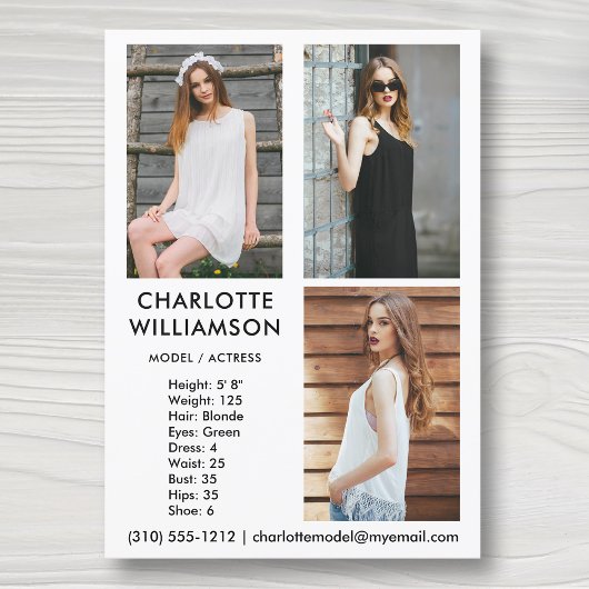 Model Actor 5x7 Comp Card 3フォトホワイト 招待状
