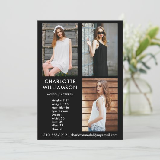 Model Actor 5x7 Comp Card 3 Photo Black 招待状 (スタンド正面)