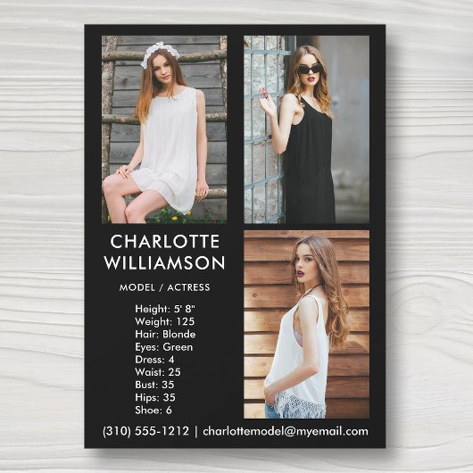 Model Actor 5x7 Comp Card 3 Photo Black 招待状