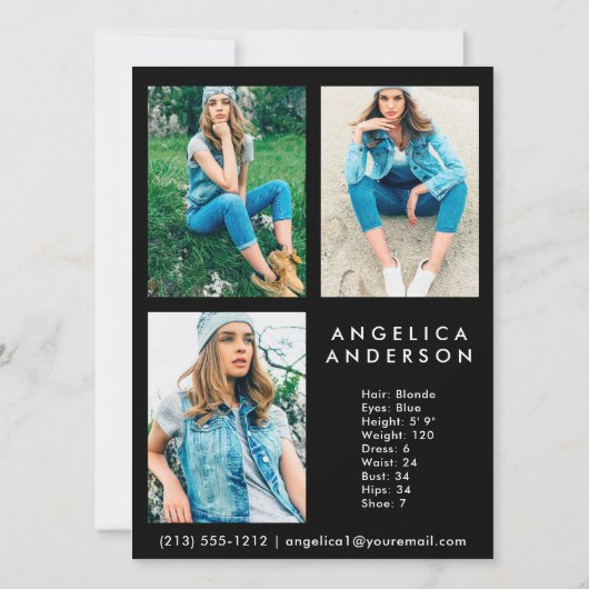 Model Actor Comp Card - 3フォトバック – 黒 (裏面)