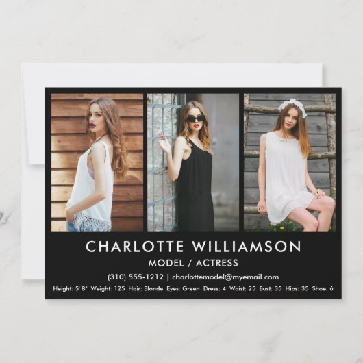 Model Actor Comp Card 3 Photo 5 x 7 Black 招待状 (正面)