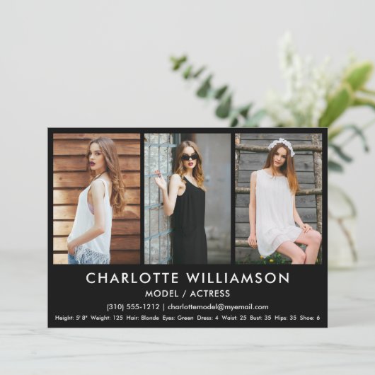 Model Actor Comp Card 3 Photo 5 x 7 Black 招待状 (スタンド正面)