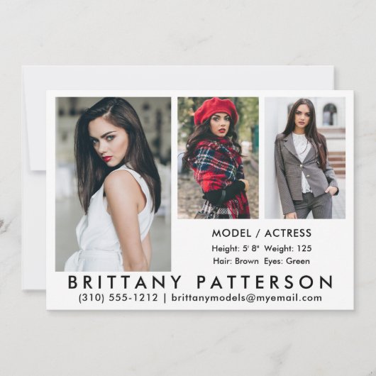 Model Actor Comp Card 3 Photo 5 x 7 Wht 招待状 (正面)