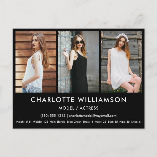 Model Actor Comp Card 3 Photo Blackはがき ポストカード (正面)