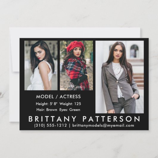 Model Actor Comp Card 3 Photo Black 5x7 招待状 (正面)