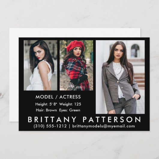 Model Actor Comp Card 3 Photo Black 5x7 招待状 (正面/裏面)