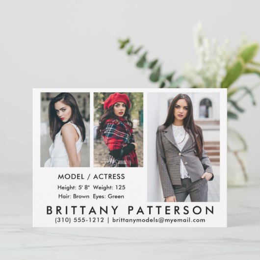 Model Actor Comp Card 3 Photo White 5 x 7 招待状 (スタンド正面)