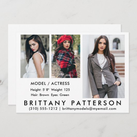 Model Actor Comp Card 3 Photo White 5 x 7 招待状 (正面/裏面)