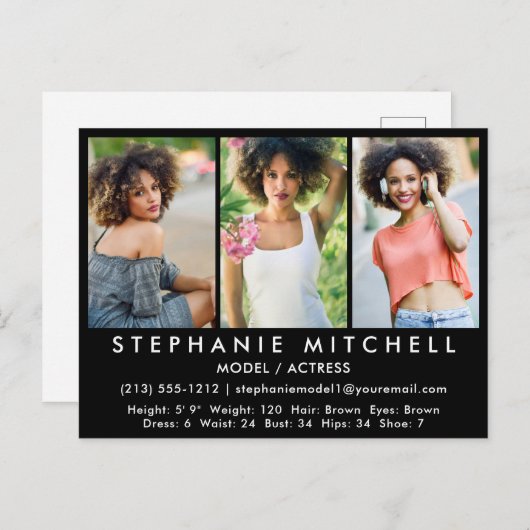 Model Actor Comp Card Blkポストカード – 3枚の写真 ポストカード (正面/裏面)