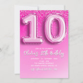 Modern 10th Birthday Girl with Pink Number Balloon 招待状 (正面)