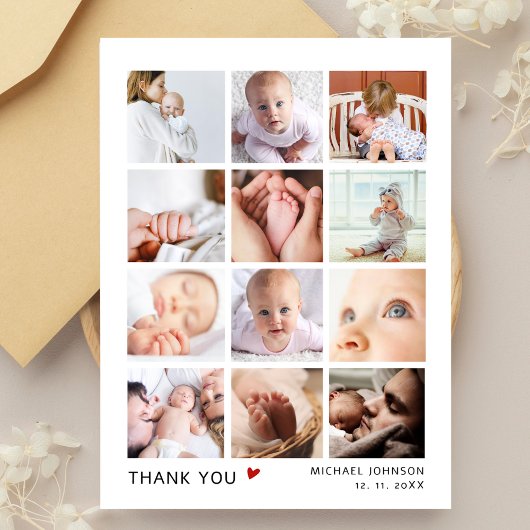 Modern 12 Photo Collage Baby Shower Thank You ポストカード