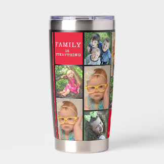 Modern 12 Photo Collage Family Name Monogram Red 保温保冷タンブラー
