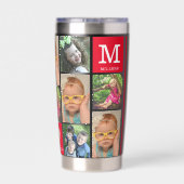 Modern 12 Photo Collage Family Name Monogram Red 保温保冷タンブラー (背面)