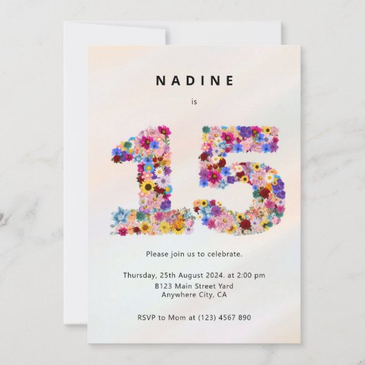 Modern 15th Birthday Floral Invitation 招待状 (正面)