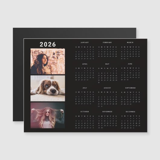 Modern 2026 Calendar 3 Photo Collage Magnet Card (正面/裏面)