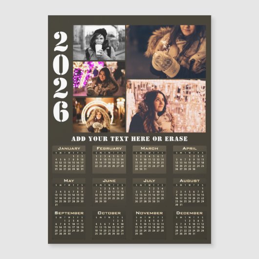 Modern 2026 Calendar 5 Photo Collage Magnet Card (正面)