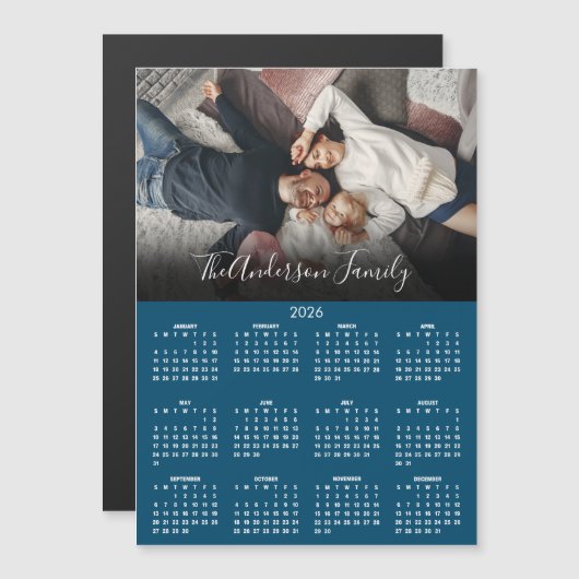 Modern 2026 Calendar Family Photo Blue Magnet (正面/裏面)