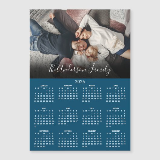 Modern 2026 Calendar Family Photo Blue Magnet (正面)