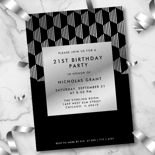 Modern 21st Birthday Classy Black Faux Silver Foil 招待状