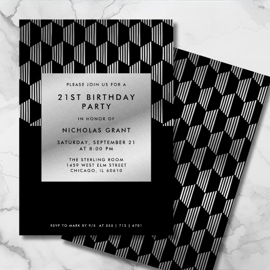 Modern 21st Birthday Classy Black Faux Silver Foil 招待状