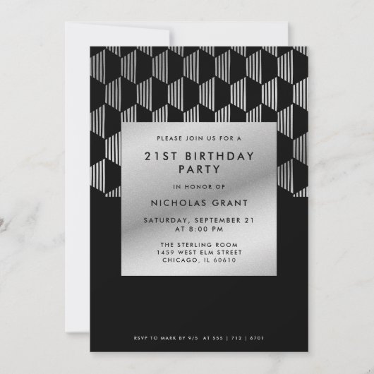 Modern 21st Birthday Classy Black Faux Silver Foil 招待状 (正面)