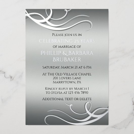 Modern 25th Wedding Anniversary Arch Photo Silver 箔招待状 (正面)