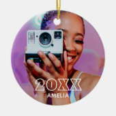 Modern 2 Photo Name Retro Christmas Holiday セラミックオーナメント (正面)