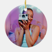 Modern 2 Photo Name Retro Christmas Holiday セラミックオーナメント (裏面)