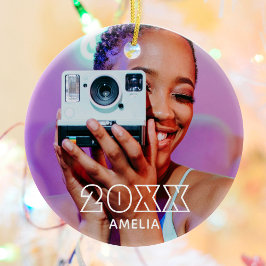 Modern 2 Photo Name Retro Christmas Holiday セラミックオーナメント