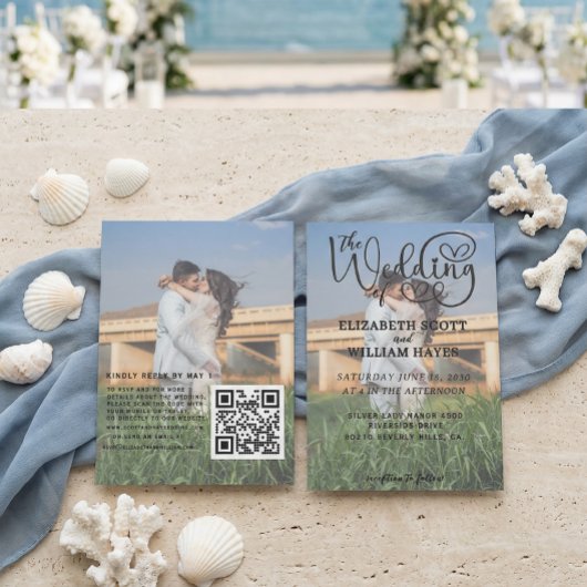 Modern 2 Photo QR Code Romantic Script Wedding 招待状