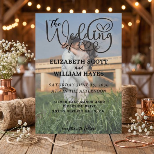 Modern 2 Photo QR Code Romantic Script Wedding 招待状