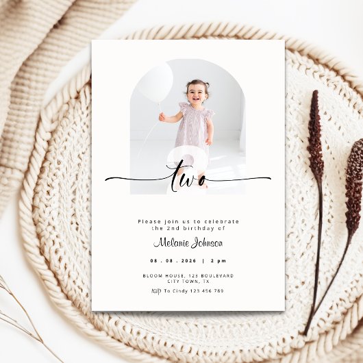 Modern 2nd Birthday Invitation Photo Cream 招待状