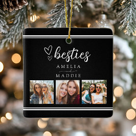 Modern 3 Photo Collage Besties Black and White  セラミックオーナメント